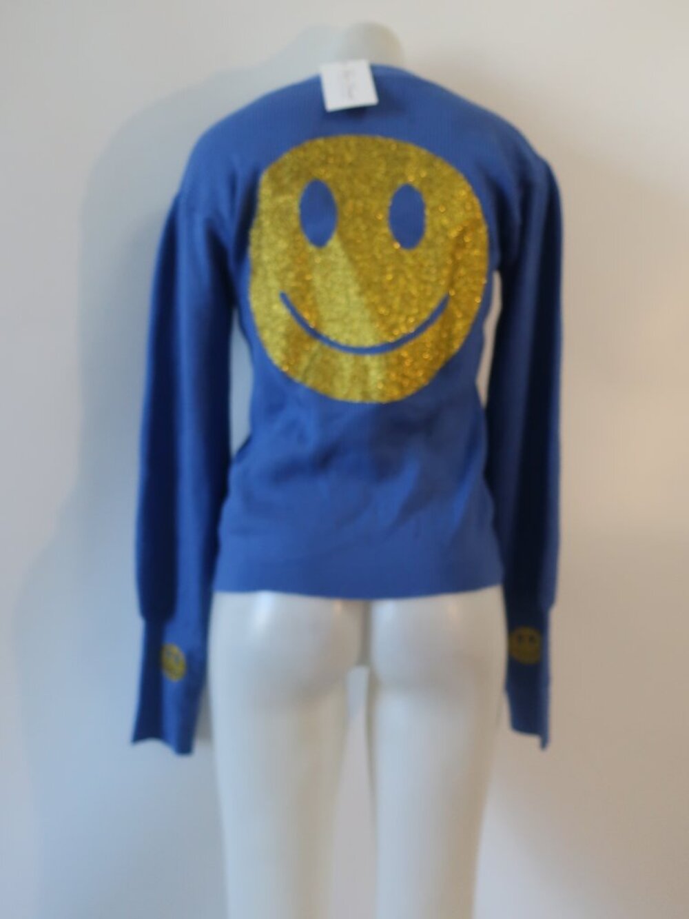 NWT Womens Moving Forward Blue Ribbed Metallic Gold Smiley Cardigan Sweater M